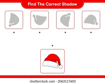 Find the correct shadow. Find and match the correct shadow of Santa Hat. Educational children game, printable worksheet, vector illustration