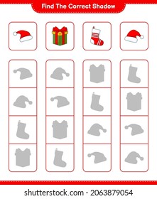 Encuentra la sombra correcta. Encuentra y concuerda con la sombra correcta de Santa Hat, la caja de regalo y el muelle de Navidad. Juego infantil educativo, hoja de cálculo imprimible, ilustración vectorial