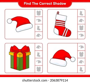 Find the correct shadow. Find and match the correct shadow of Santa Hat, Gift Box, and Christmas Sock. Educational children game, printable worksheet, vector illustration