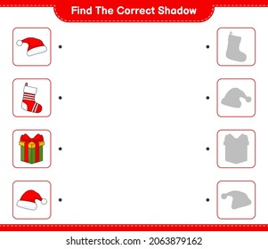 Find the correct shadow. Find and match the correct shadow of Santa Hat, Gift Box, and Christmas Sock. Educational children game, printable worksheet, vector illustration