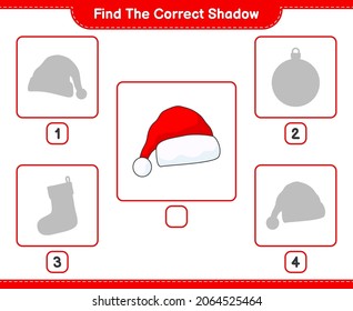 Find the correct shadow. Find and match the correct shadow of Santa Hat. Educational children game, printable worksheet, vector illustration