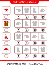 Find the correct shadow. Find and match the correct shadow of Santa Hat, Gift Box, and Christmas Sock. Educational children game, printable worksheet, vector illustration