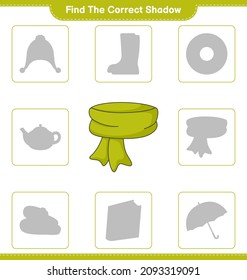 Find the correct shadow. Find and match the correct shadow of Scarf. Educational children game, printable worksheet, vector illustration