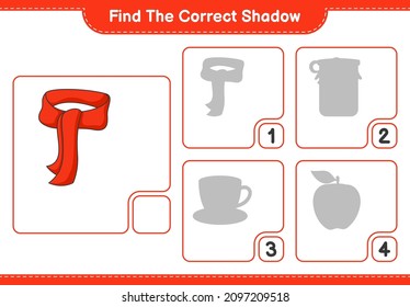 Find the correct shadow. Find and match the correct shadow of Scarf. Educational children game, printable worksheet, vector illustration
