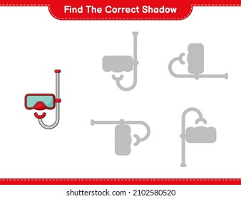 Find the correct shadow. Find and match the correct shadow of Scuba Diving Mask. Educational children game, printable worksheet, vector illustration