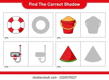 Find the correct shadow. Find and match the correct shadow of Scuba Diving Mask, Sand Bucket, Watermelon, and Lifebuoy. Educational children game, printable worksheet, vector illustration