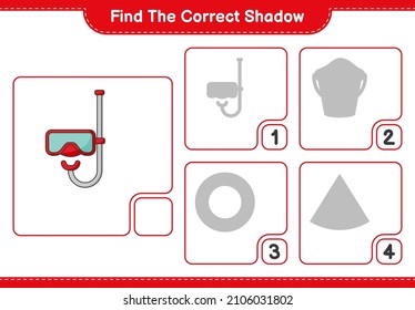 Encuentra la sombra correcta. Encuentra y concuerda con la sombra correcta de la máscara de buceo Scuba. Juego infantil educativo, hoja de cálculo imprimible, ilustración vectorial