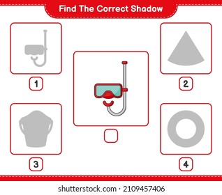 Find the correct shadow. Find and match the correct shadow of Scuba Diving Mask. Educational children game, printable worksheet, vector illustration