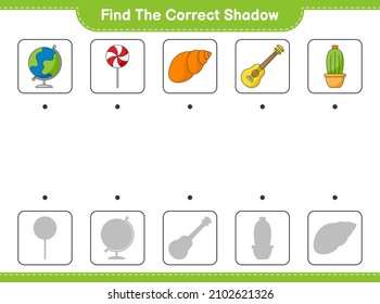 Find the correct shadow. Find and match the correct shadow of Sea Shells, Ukulele, Cactus, Globe, and Candy. Educational children game, printable worksheet, vector illustration