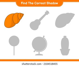 Find the correct shadow. Find and match the correct shadow of Sea Shells. Educational children game, printable worksheet, vector illustration