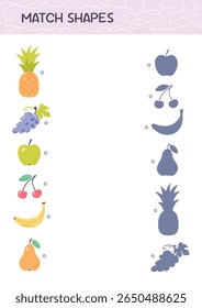 Find the correct shadow. Match shapes educational game for kids. Attention task. Choose the right silhouette. Worksheet page. Activity book. Vector illustration