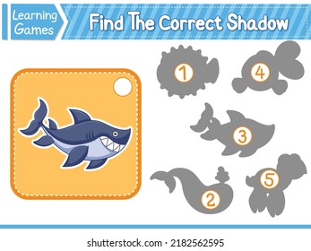 Find The Correct Shadow Find And Match The Correct Shadow Of Shark. Kids Educational Game. Printable Worksheet Vector Illustration. Children Learning Game