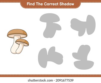 Encuentra la sombra correcta. Encuentra y coincide con la sombra correcta del Shiitake. Juego infantil educativo, hoja de cálculo imprimible, ilustración vectorial