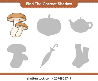 Encuentra la sombra correcta. Encuentra y coincide con la sombra correcta del Shiitake. Juego infantil educativo, hoja de cálculo imprimible, ilustración vectorial