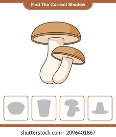 Encuentra la sombra correcta. Encuentra y coincide con la sombra correcta del Shiitake. Juego infantil educativo, hoja de cálculo imprimible, ilustración vectorial