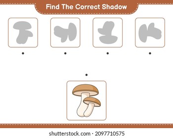 Find the correct shadow. Find and match the correct shadow of Shiitake. Educational children game, printable worksheet, vector illustration