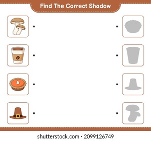 Find the correct shadow. Find and match the correct shadow of Shiitake, Hat, Pie, Coffee Cup. Educational children game, printable worksheet, vector illustration