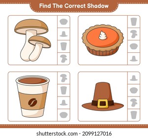Find the correct shadow. Find and match the correct shadow of Shiitake, Hat, Pie, Coffee Cup. Educational children game, printable worksheet, vector illustration