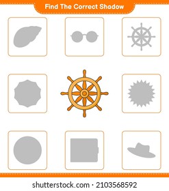 Find the correct shadow. Find and match the correct shadow of Ship Steering Wheel. Educational children game, printable worksheet, vector illustration