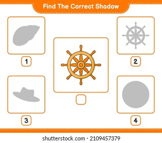 Find the correct shadow. Find and match the correct shadow of Ship Steering Wheel. Educational children game, printable worksheet, vector illustration