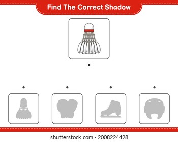 Encuentra la sombra correcta. Buscar y coincidir con la sombra correcta de Shuttlecock. Juego infantil educativo, hoja de cálculo imprimible, ilustración vectorial