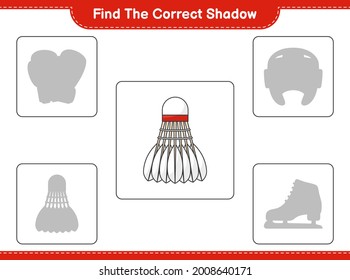 Find the correct shadow. Find and match the correct shadow of Shuttlecock. Educational children game, printable worksheet, vector illustration