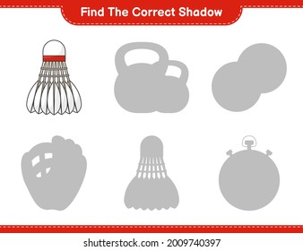 Finden Sie den richtigen Schatten. Finden Sie den richtigen Schatten von Shuttlecock und passen Sie ihn an. Kinderspiel, druckbares Arbeitsblatt, Vektorgrafik