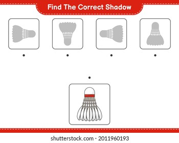 Find the correct shadow. Find and match the correct shadow of Shuttlecock. Educational children game, printable worksheet, vector illustration