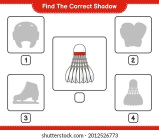 Encuentra la sombra correcta. Buscar y coincidir con la sombra correcta de Shuttlecock. Juego infantil educativo, hoja de cálculo imprimible, ilustración vectorial
