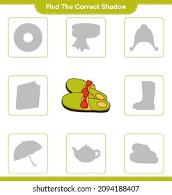 Find the correct shadow. Find and match the correct shadow of Slippers. Educational children game, printable worksheet, vector illustration