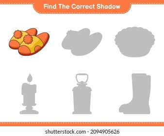 Find the correct shadow. Find and match the correct shadow of Slippers. Educational children game, printable worksheet, vector illustration