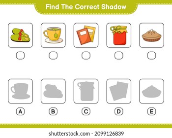 Find the correct shadow. Find and match the correct shadow of Slippers, Tea Cup, Book, Jam, Pie. Educational children game, printable worksheet, vector illustration