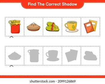 Find the correct shadow. Find and match the correct shadow of Slippers, Tea Cup, Book, Jam, Pie. Educational children game, printable worksheet, vector illustration
