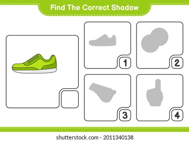 Find the correct shadow. Find and match the correct shadow of Sneaker. Educational children game, printable worksheet, vector illustration