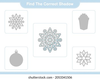 Find the correct shadow. Find and match the correct shadow of Snowflake. Educational children game, printable worksheet, vector illustration