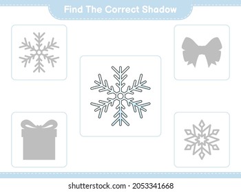 Find the correct shadow. Find and match the correct shadow of Snowflake. Educational children game, printable worksheet, vector illustration