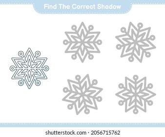 Encuentra la sombra correcta. Buscar y coincidir con la sombra correcta del copo de nieve. Juego infantil educativo, hoja de cálculo imprimible, ilustración vectorial