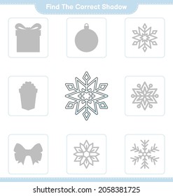 Encuentra la sombra correcta. Buscar y coincidir con la sombra correcta del copo de nieve. Juego infantil educativo, hoja de cálculo imprimible, ilustración vectorial