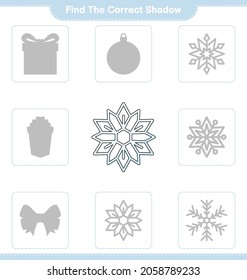Encuentra la sombra correcta. Buscar y coincidir con la sombra correcta del copo de nieve. Juego infantil educativo, hoja de cálculo imprimible, ilustración vectorial