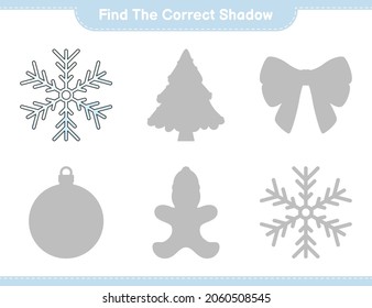 Find the correct shadow. Find and match the correct shadow of Snowflake. Educational children game, printable worksheet, vector illustration