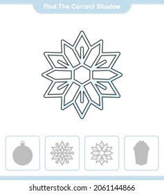 Find the correct shadow. Find and match the correct shadow of Snowflake. Educational children game, printable worksheet, vector illustration