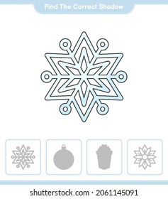 Find the correct shadow. Find and match the correct shadow of Snowflake. Educational children game, printable worksheet, vector illustration