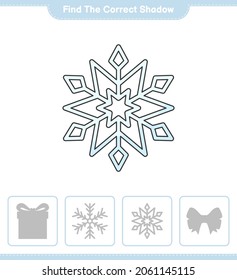Find the correct shadow. Find and match the correct shadow of Snowflake. Educational children game, printable worksheet, vector illustration