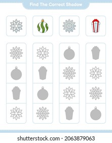 Find the correct shadow. Find and match the correct shadow of Snowflake, Christmas Ball, and Gift Box. Educational children game, printable worksheet, vector illustration