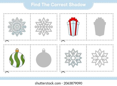 Encuentra la sombra correcta. Encuentra y concuerda con la sombra correcta del copo de nieve, la bola de Navidad y la caja de regalo. Juego infantil educativo, hoja de cálculo imprimible, ilustración vectorial