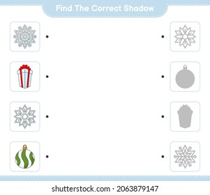 Find the correct shadow. Find and match the correct shadow of Snowflake, Christmas Ball, and Gift Box. Educational children game, printable worksheet, vector illustration