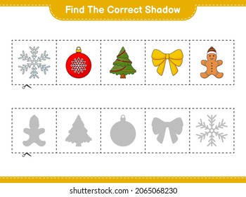 Find the correct shadow. Find and match the correct shadow of Snowflake, Christmas Ball, Christmas Tree, Ribbon, and Gingerbread Man. Educational children game, printable worksheet