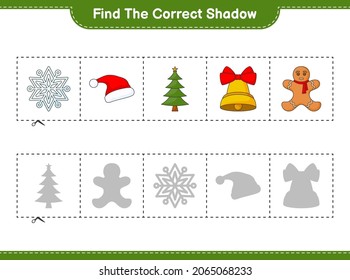 Find the correct shadow. Find and match the correct shadow of Snowflake, Santa Hat, Christmas Bell, Christmas Tree, and Gingerbread Man. Educational children game, printable worksheet