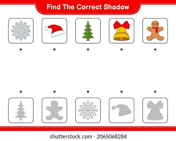 Find the correct shadow. Find and match the correct shadow of Snowflake, Santa Hat, Christmas Bell, Christmas Tree, and Gingerbread Man. Educational children game, printable worksheet