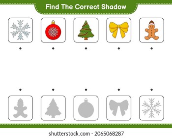 Find the correct shadow. Find and match the correct shadow of Snowflake, Christmas Ball, Christmas Tree, Ribbon, and Gingerbread Man. Educational children game, printable worksheet
